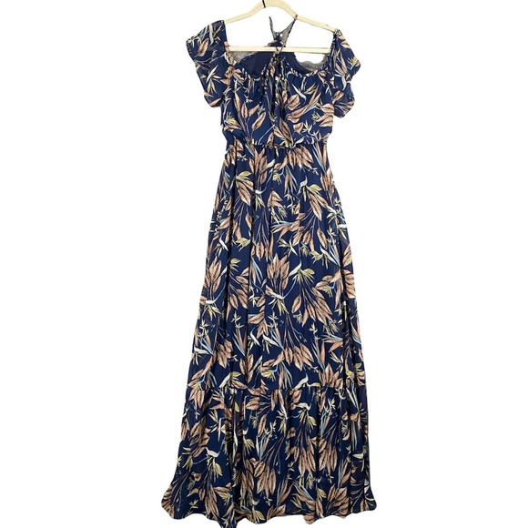 Lulus Maxi Dress Small Blue Tropical Floral Off Shoulder Halter Trip to Paradise - Picture 2 of 12